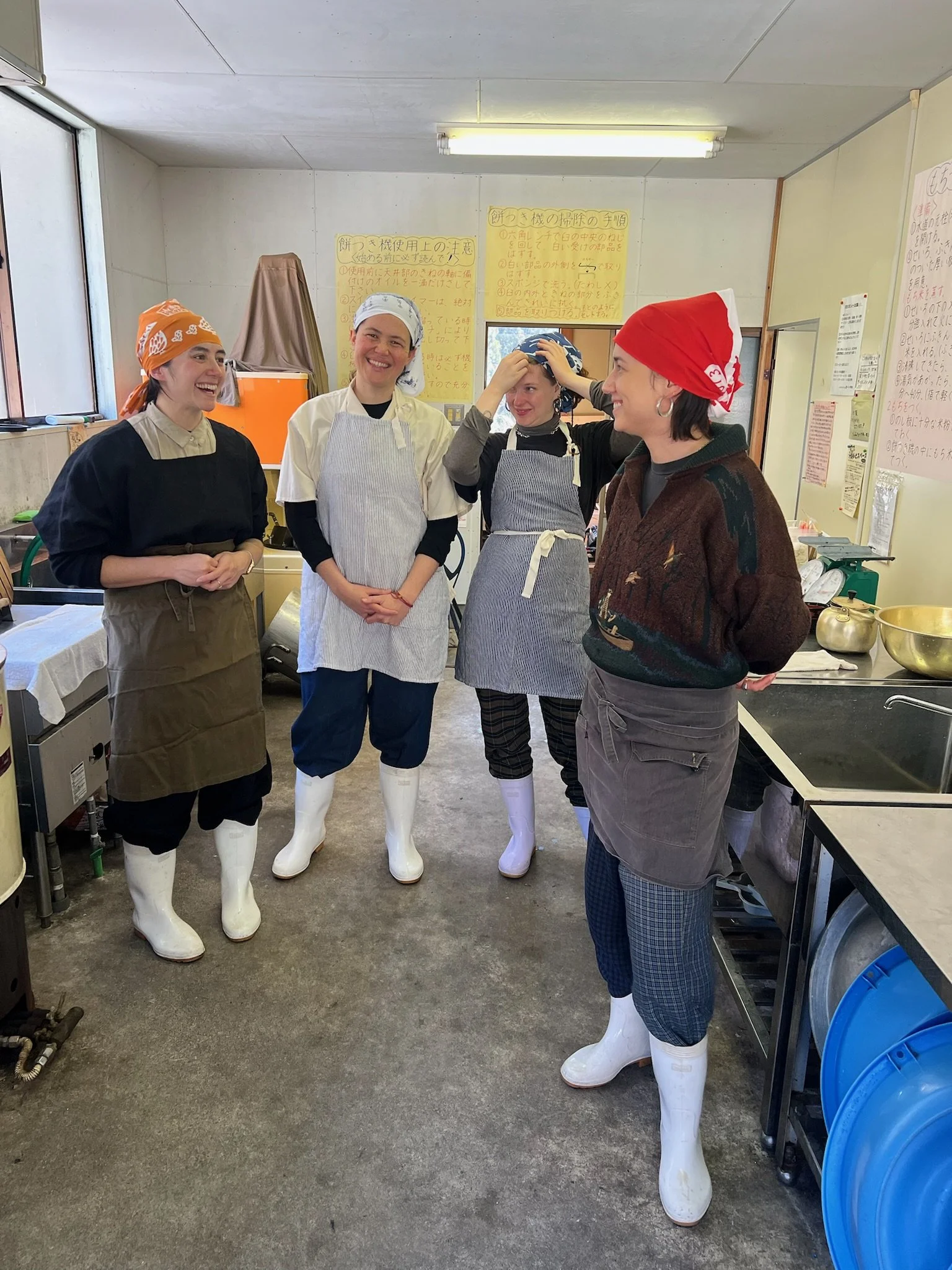Four women wearing aprons, rubber boots, and headscarves in a kitchen or food preparation area, smiling and talking to each other.