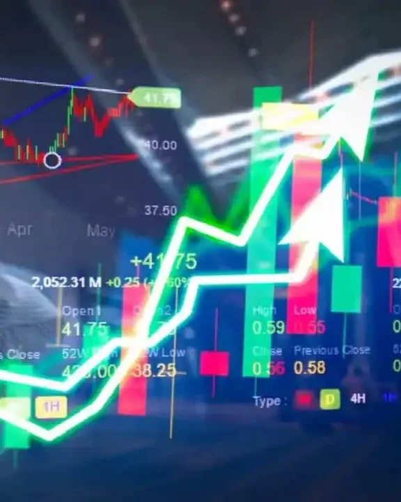 Financial trading screen showing stock charts, candlestick graphs, and trend lines indicating a rise in stock prices.