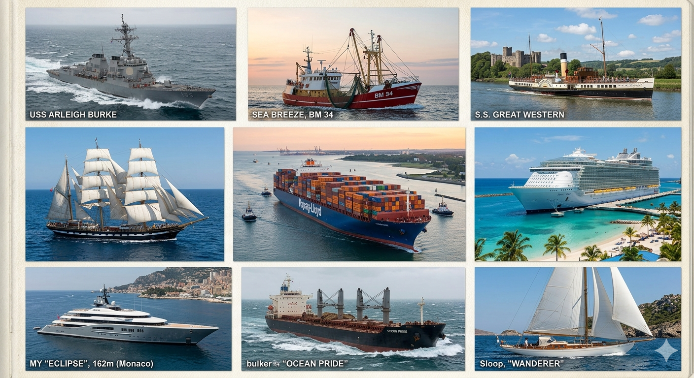 Collection of nine maritime vessels, including warships, fishing boats, passenger ships, cargo ships, yachts, and sailing ships in various waters and scenic backgrounds.
