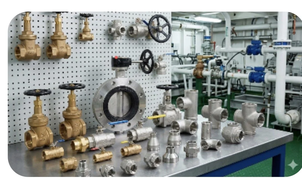 Industrial plumbing components on a workbench, including brass valves, flanges, fittings, and pipes, with a pegboard and additional piping in the background.