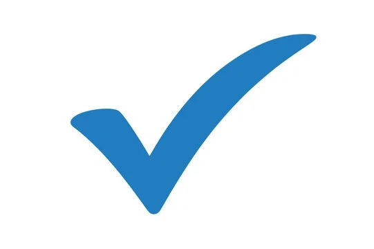 A blue check mark on a white background.