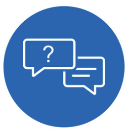 White speech bubbles with a question mark and lines on a blue circular background. Schedule a free discovery call.