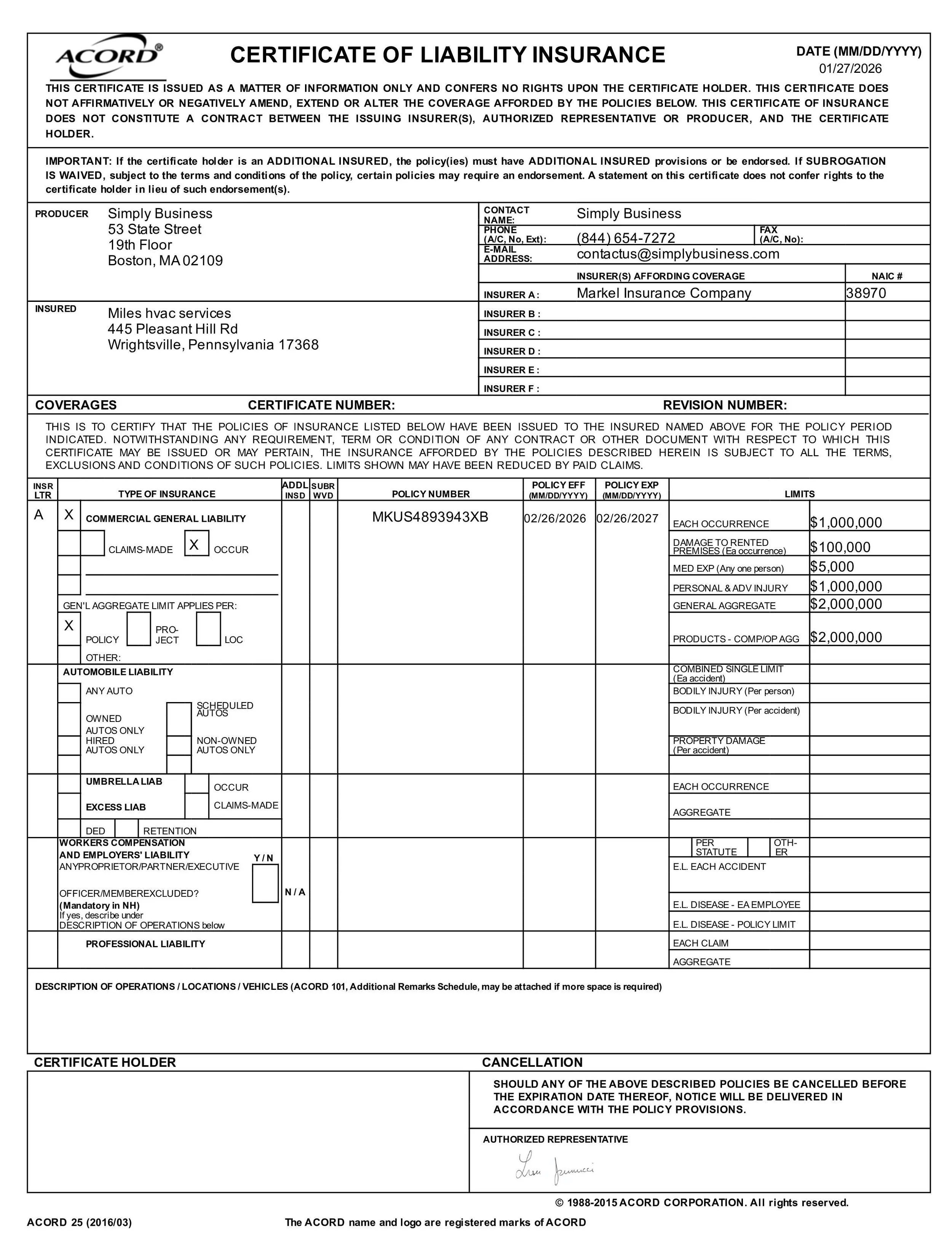 Insurance policy document titled 'Certificate of Liability Insurance' issued by ACORD, with details about coverage, insured, producer, and insurance companies, including policy numbers, coverage limits, and signatures.
