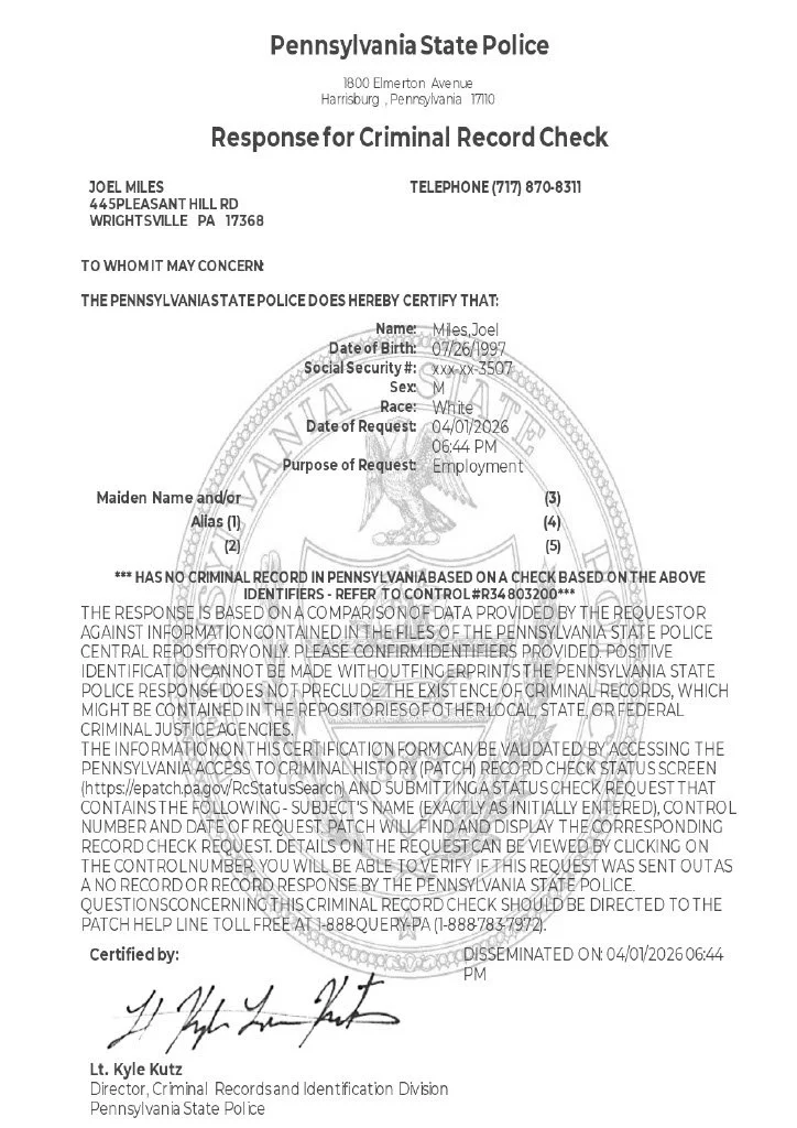 Response letter from Pennsylvania State Police verifying criminal record check for Joel Miles, issued on April 1, 2026, at 6:44 PM, signed by Lt. Kyle Kutz.