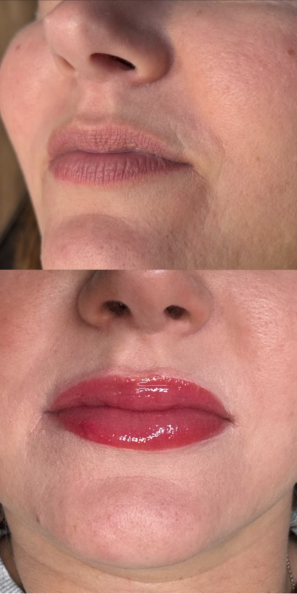 Before and after photo of female with permanent makeup treatment.