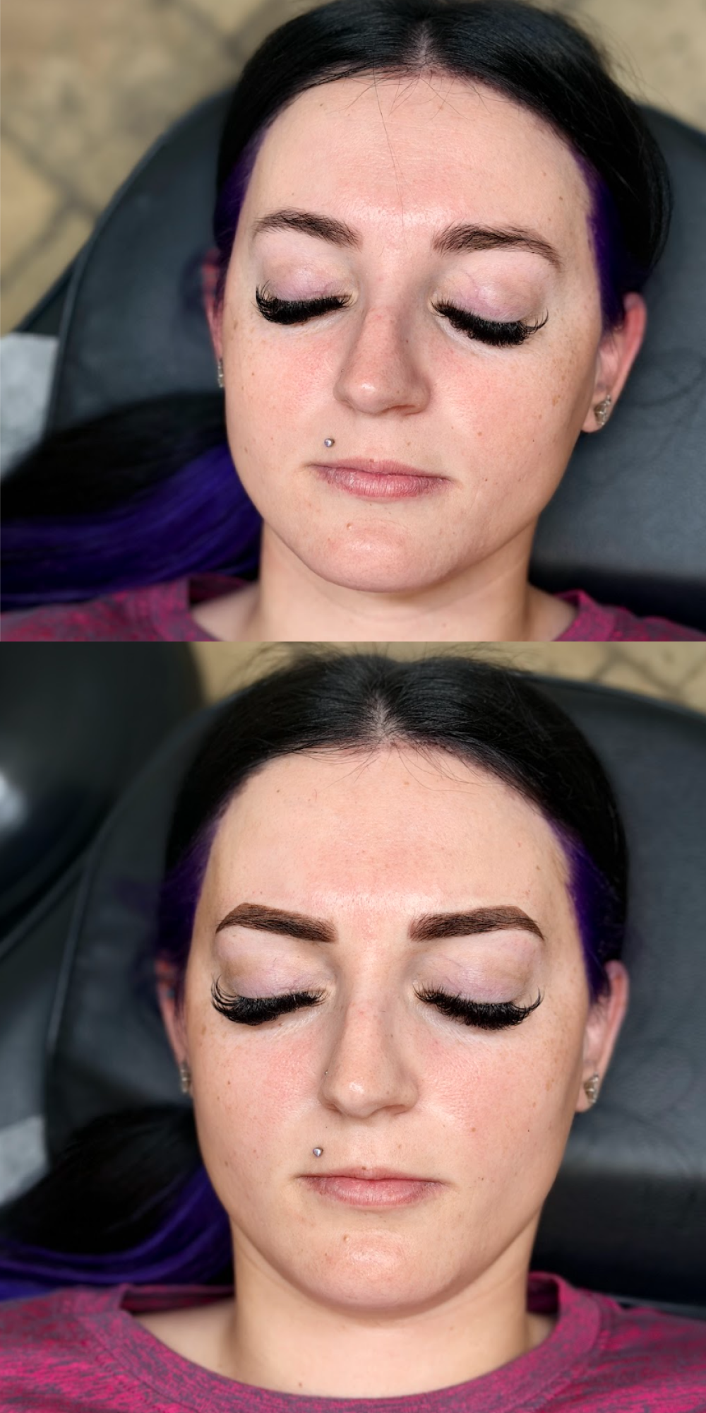 Before and after photo of female with permanent makeup treatment.