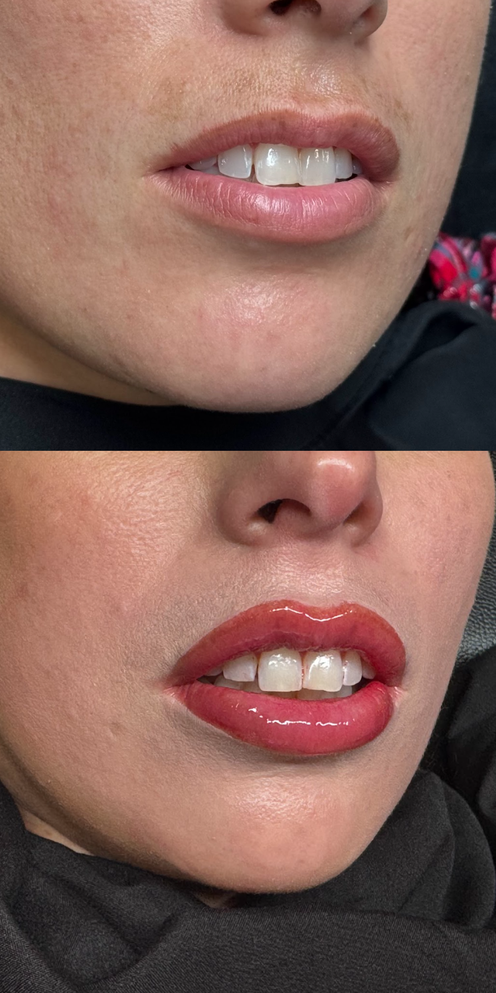 Before and after photo of female with permanent makeup treatment.