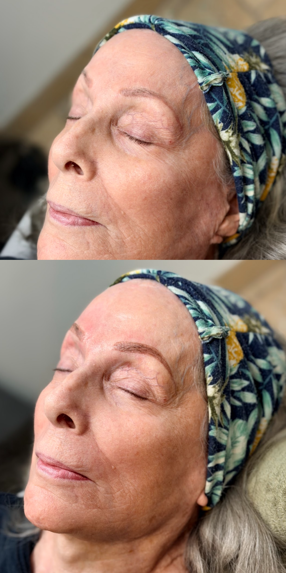 Before and after photo of female with permanent makeup treatment.