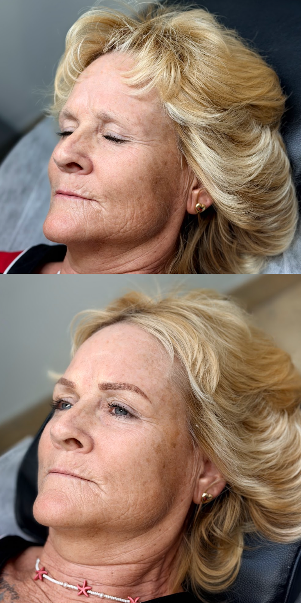 Before and after photo of female with permanent makeup treatment.