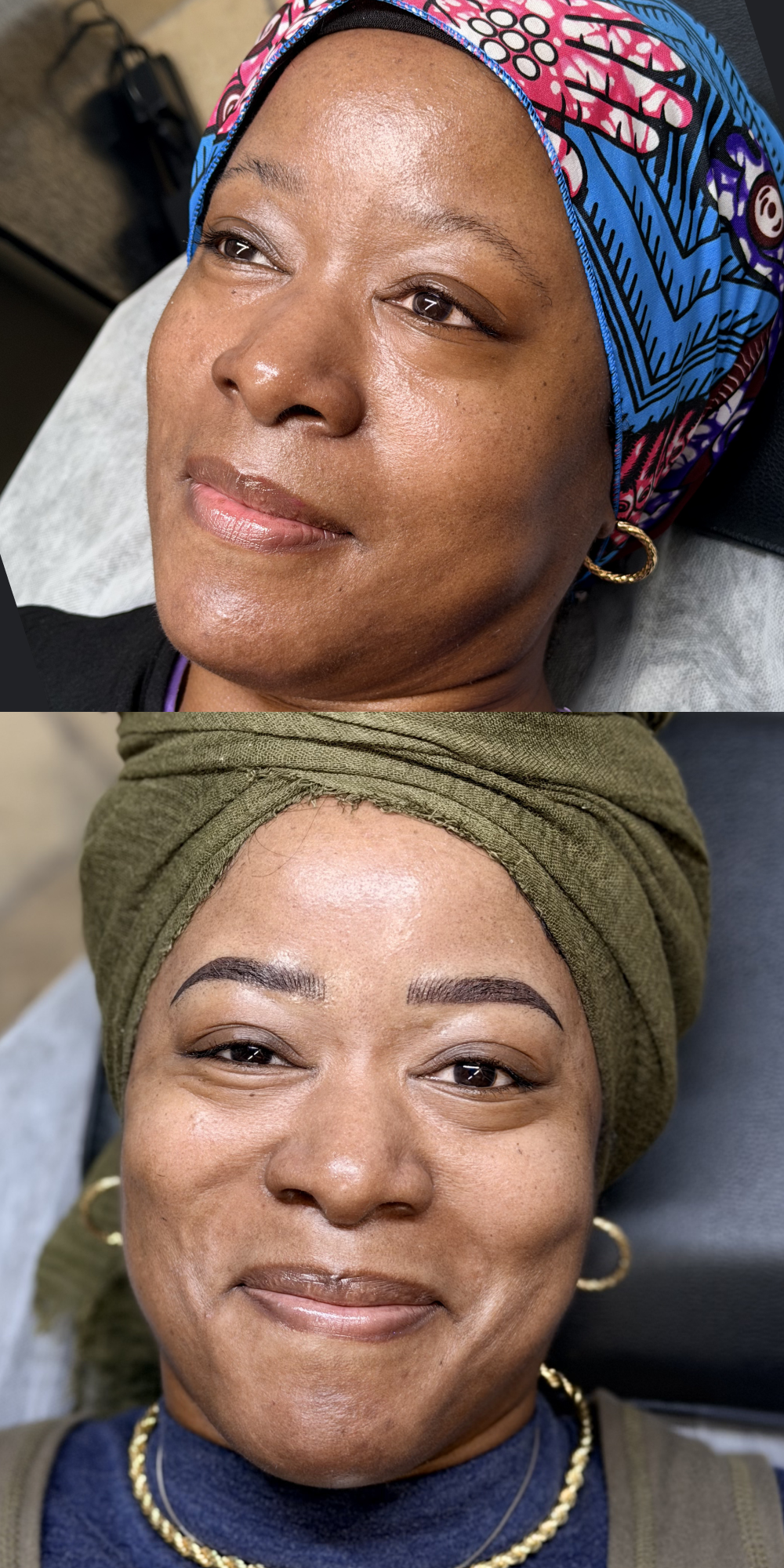 Before and after photo of female with permanent makeup treatment.