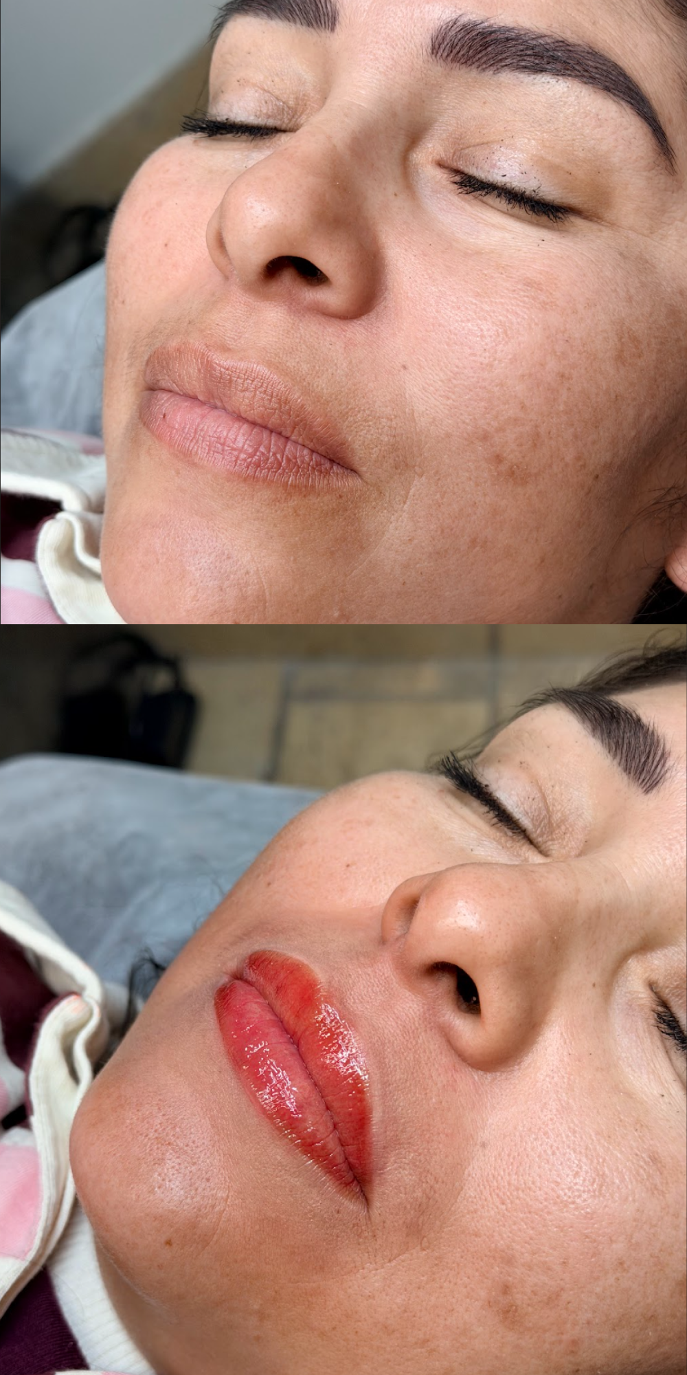 Before and after photo of female with permanent makeup treatment.
