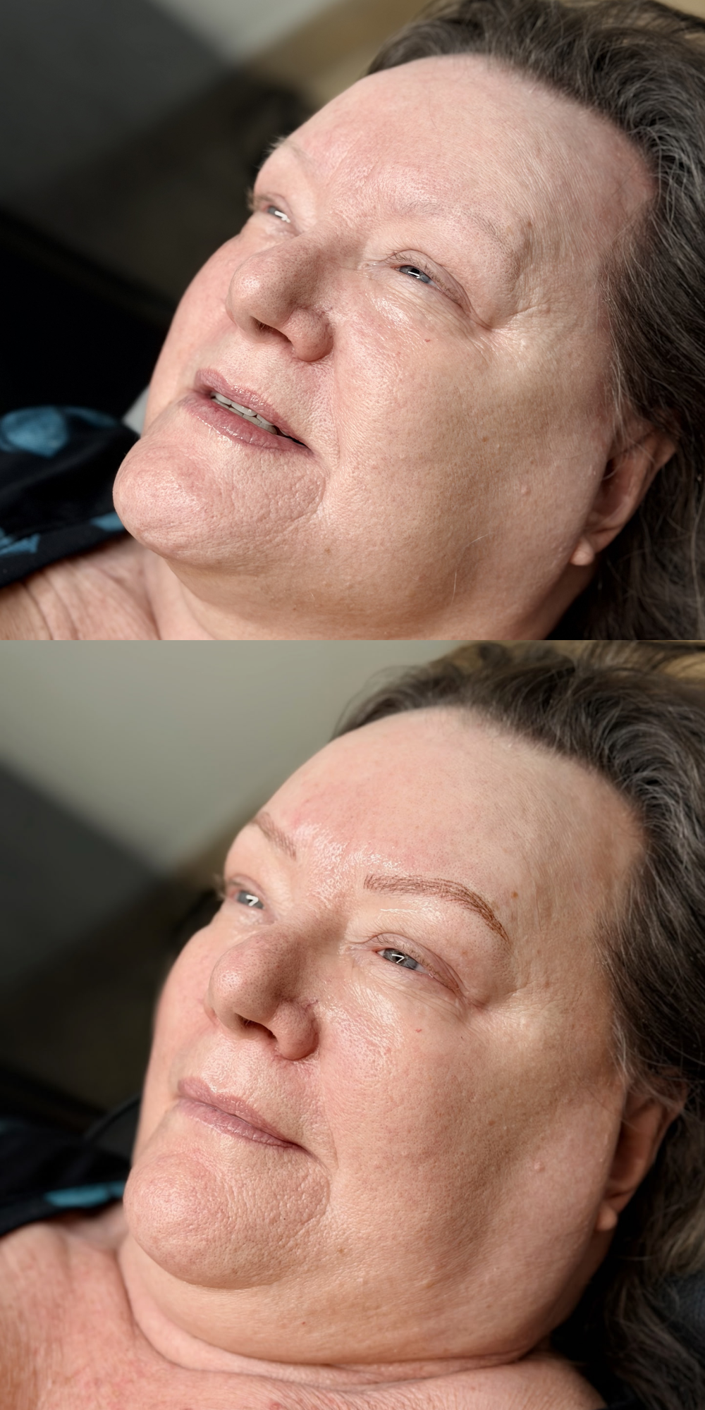 Before and after photo of female with permanent makeup treatment.