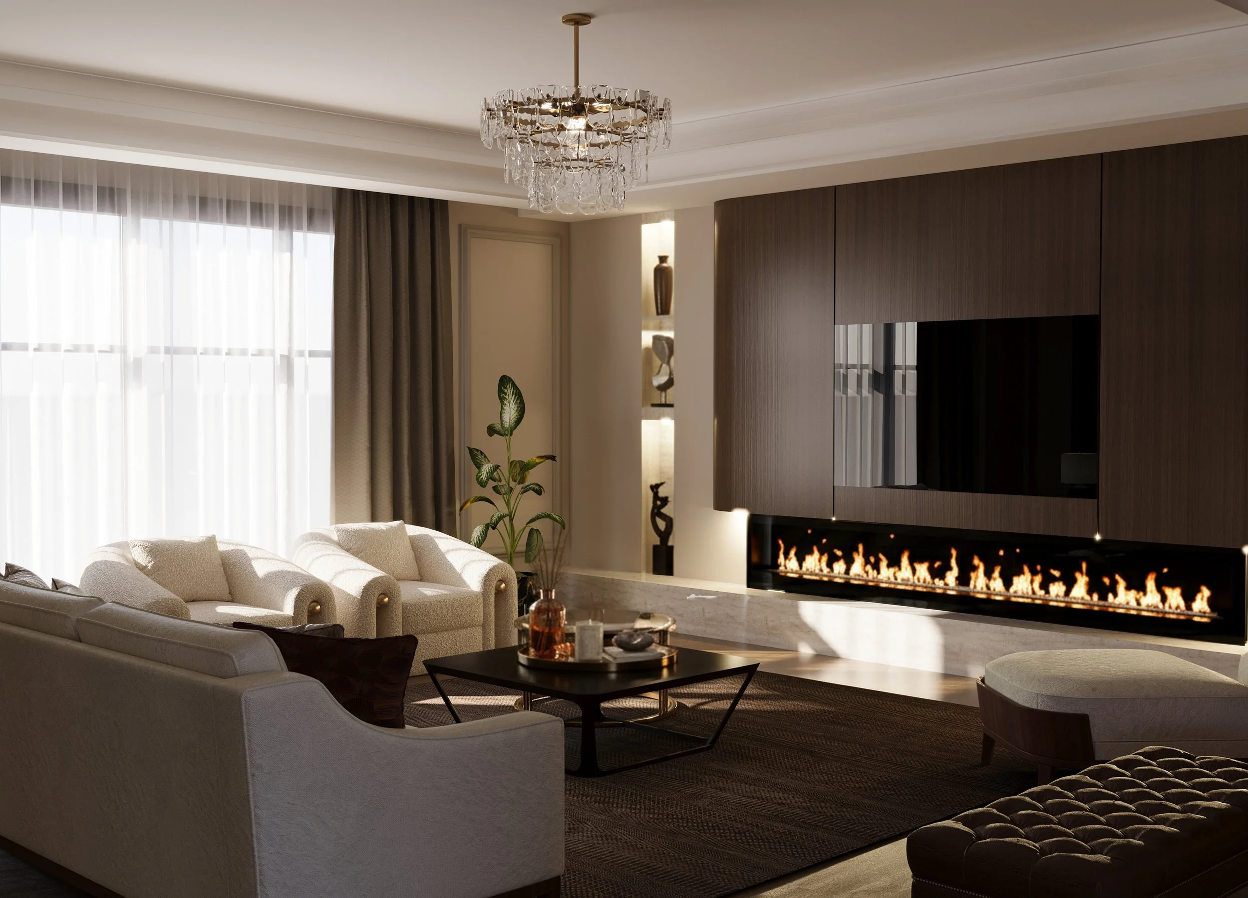 Elegant living room with beige sofas, a dark wooden wall-mounted fireplace, a chandelier, large windows with sheer curtains, and decorative vases