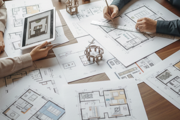 Two people working on architectural blueprints and floor plans, using a tablet, ruler, and pencil on a wooden table.
