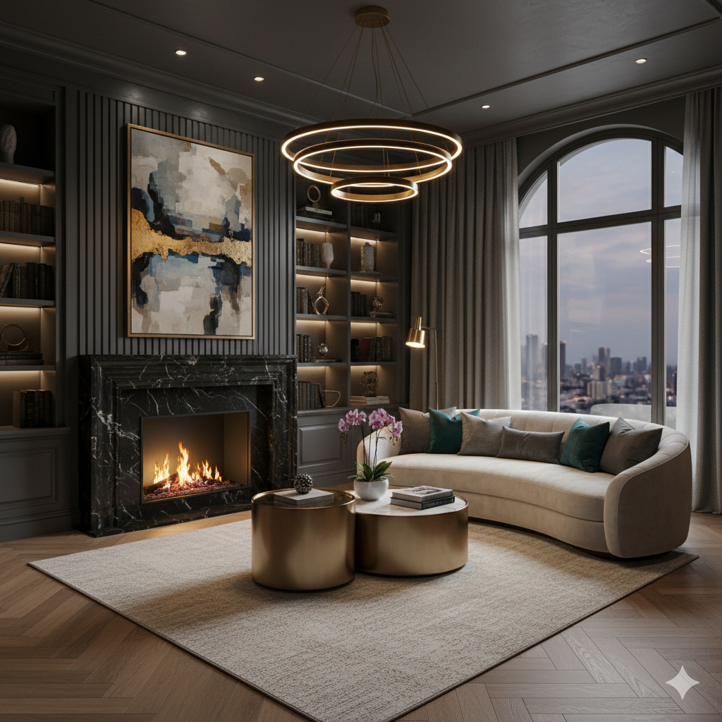 Elegant living room with a modern black marble fireplace, abstract art above it, beige curved sofa with teal and beige pillows, gold coffee tables, floral arrangement, large arched window showing city skyline, ceiling chandelier, built-in bookshelves, cozy and well-lit with natural and artificial light.