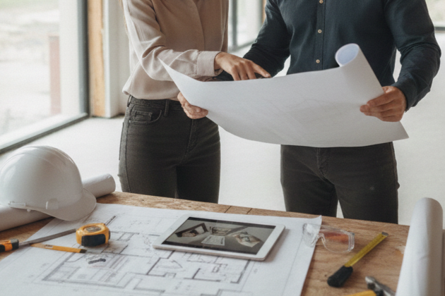 Two people reviewing architectural plans at a construction site with tools and a tablet on the table.
