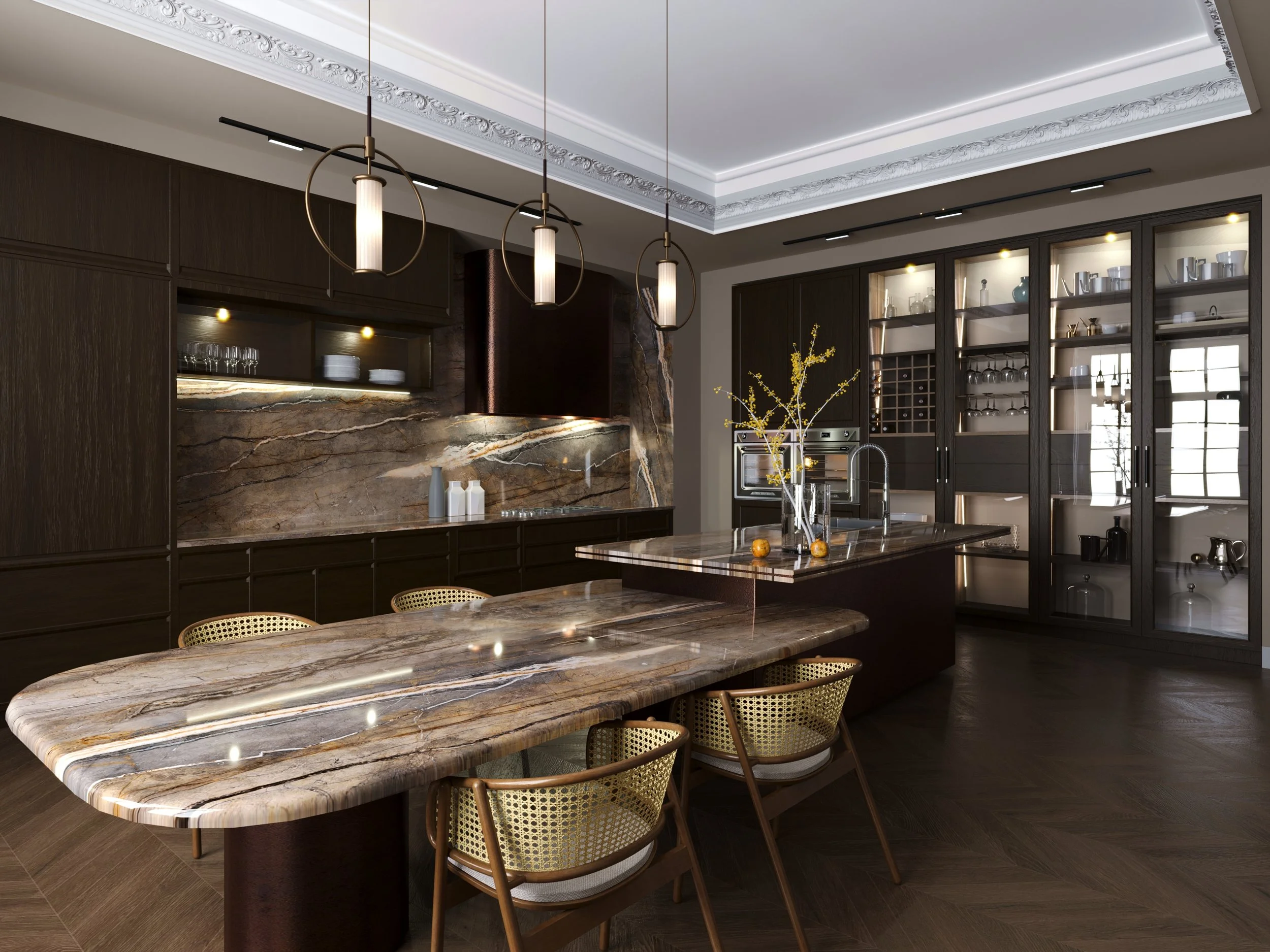 Modern kitchen with dark wood cabinets, marble countertops, and pendant lighting over a large island. Glass-front cabinets display dishes and glassware, and a decorative vase with yellow flowers is on the island.