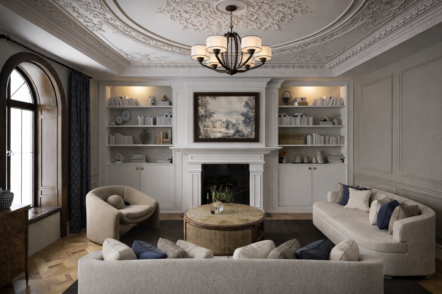 Living room with a white fireplace, built-in shelves on both sides filled with books and decorative items, a central round coffee table, a beige sofa with pillows, an armchair, and a chandelier hanging from a detailed ceiling.