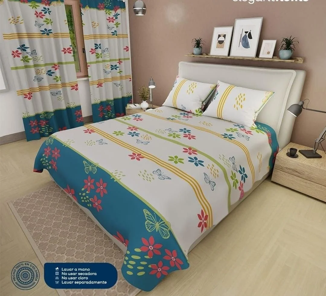 Sábanas + Cortinas Estampadas Tacto Algodón – Flores Multicolor