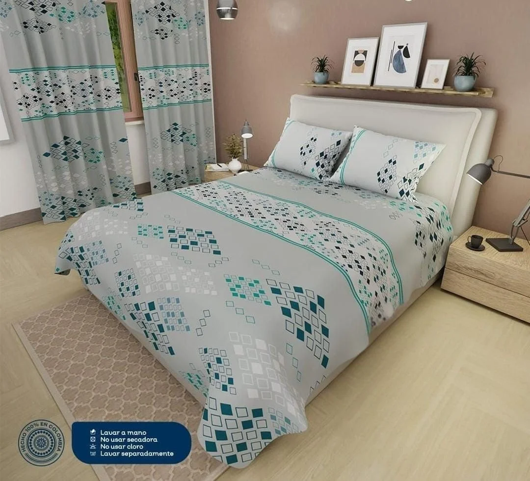 Sábanas + Cortinas Estampadas Tacto Algodón – Geométrico Verde