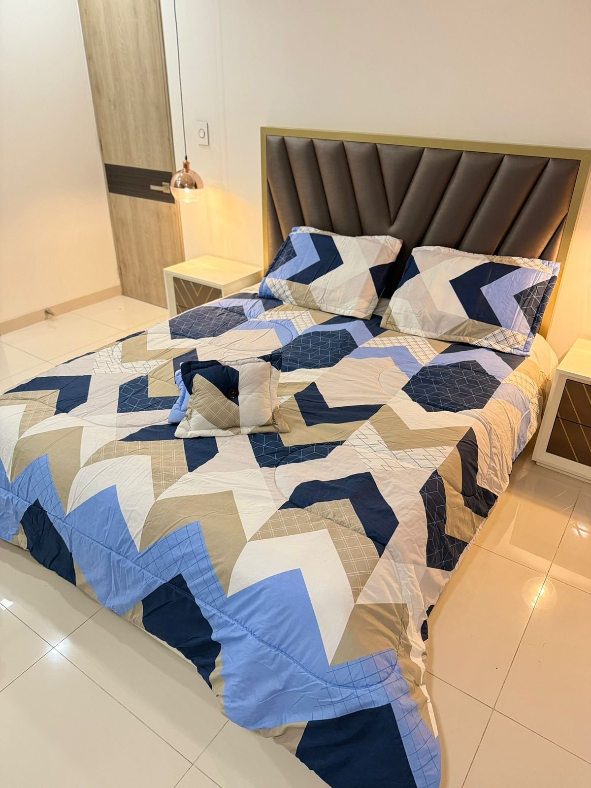 Edredón King Estampado 6 Piezas - Geométrico Azul Beige