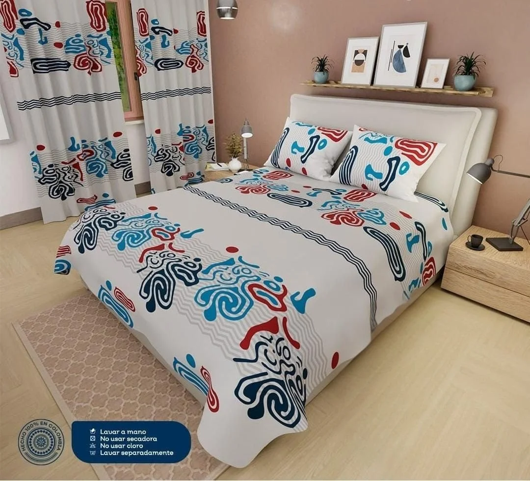 Sábanas + Cortinas Estampadas Tacto Algodón – Abstracto Azul y Rojo