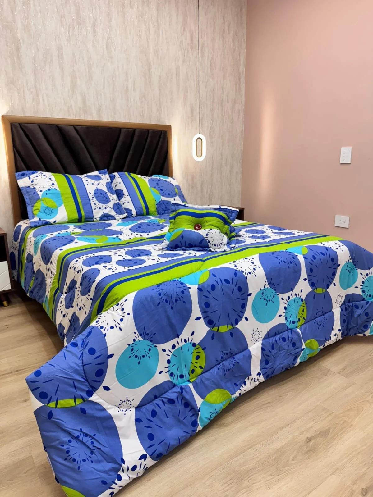 Edredón King Estampado 6 Piezas - Círculos Azul Verde