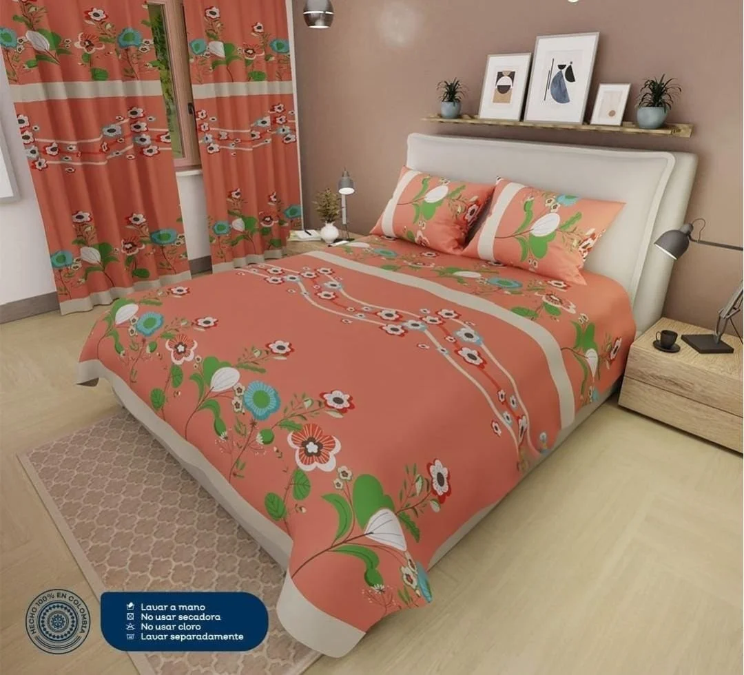Sábanas + Cortinas Estampadas Tacto Algodón – Floral Coral