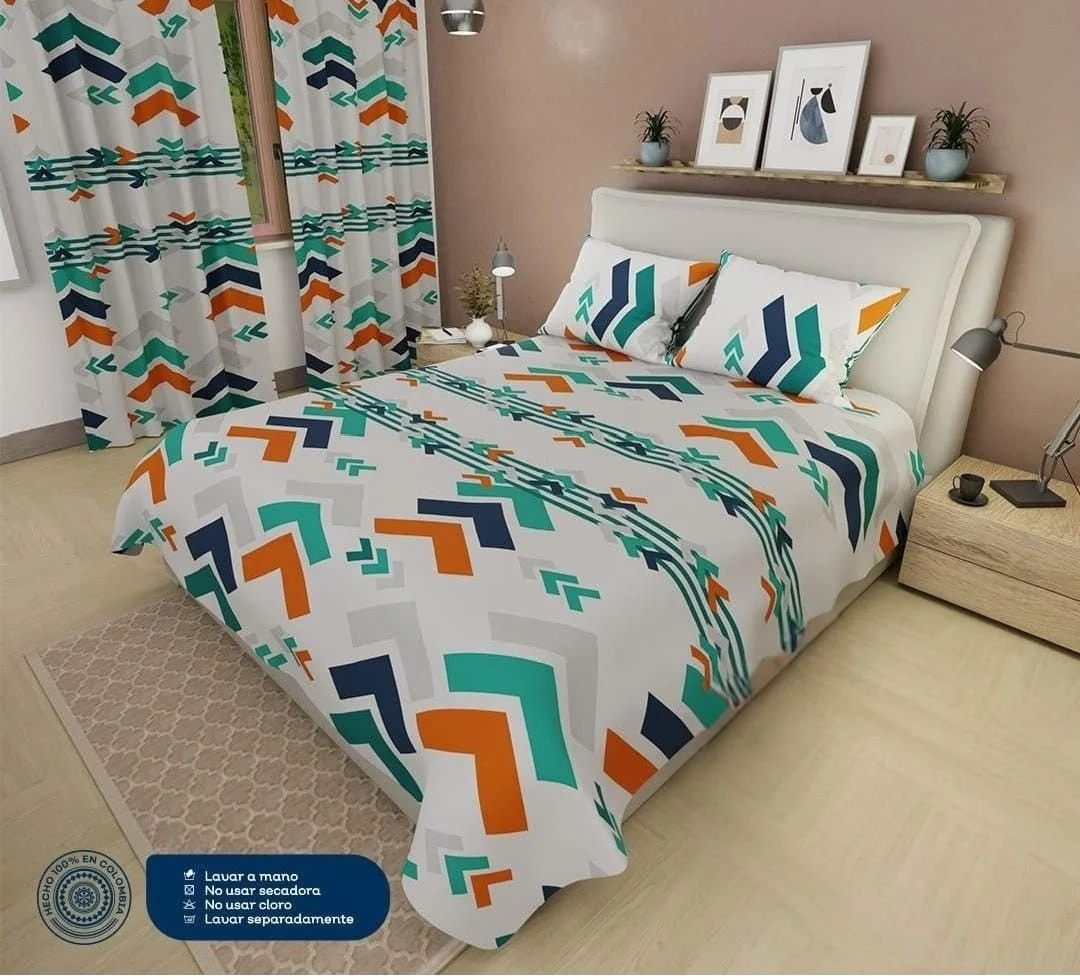 Sábanas + Cortinas Estampadas Tacto Algodón – Geométrico Verde