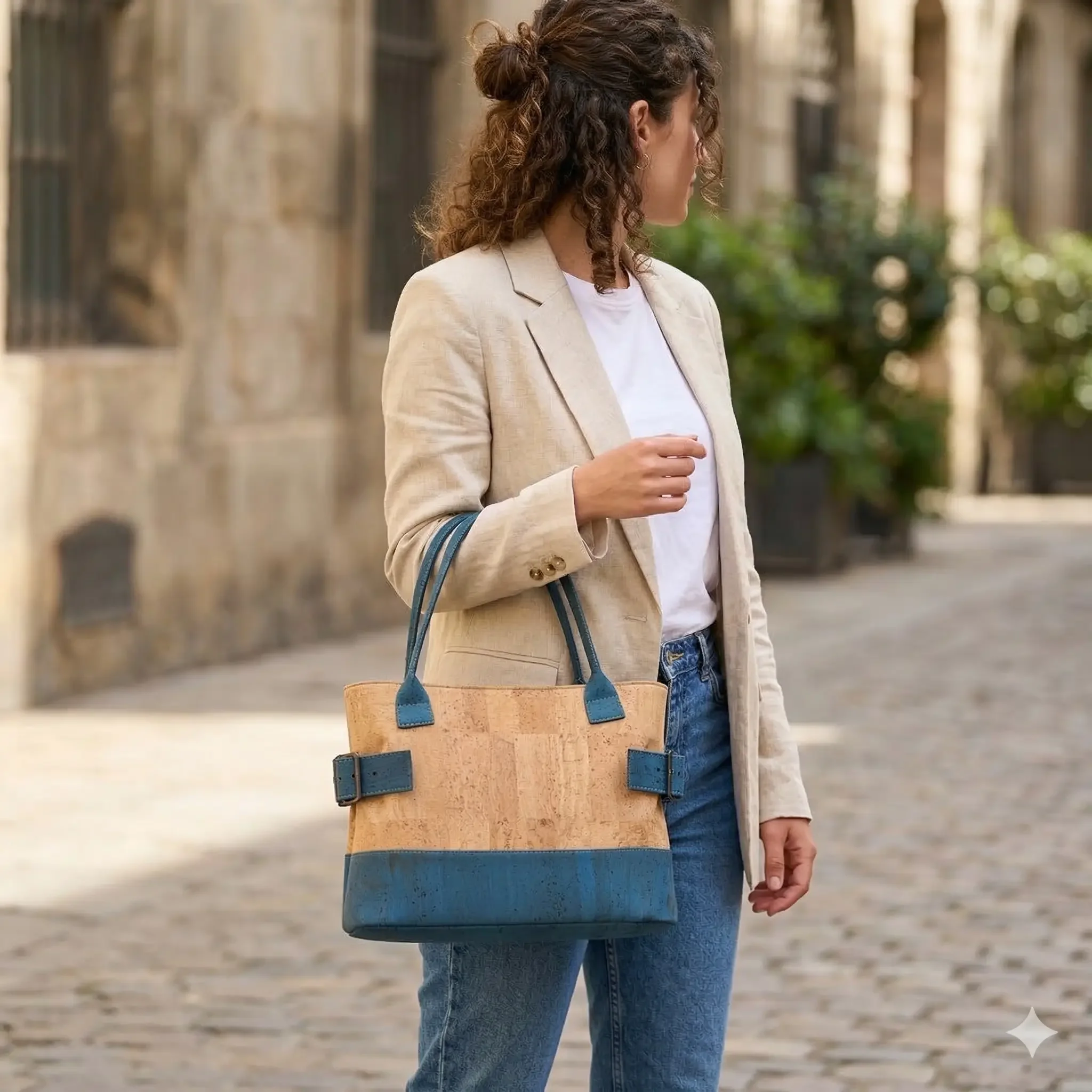 Handtas naturel met blauw