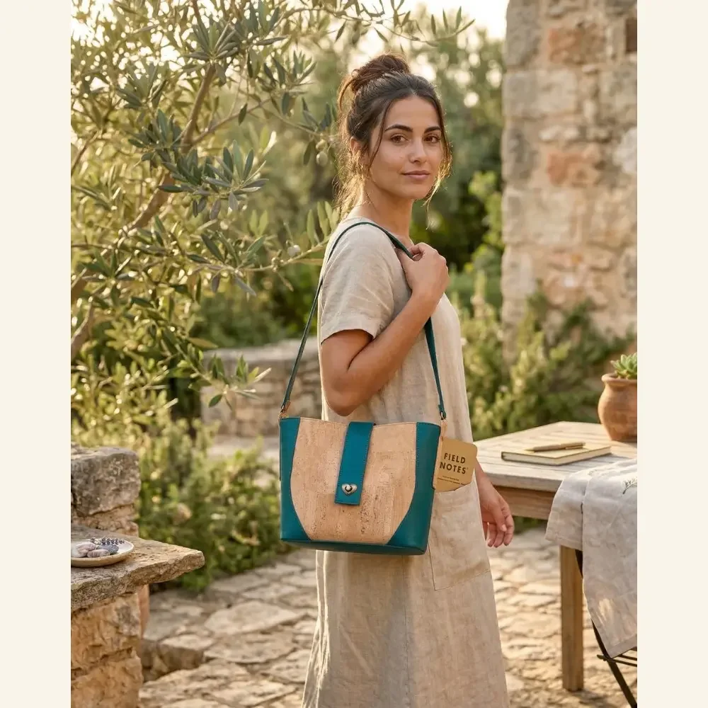 Schoudertas naturel met teal