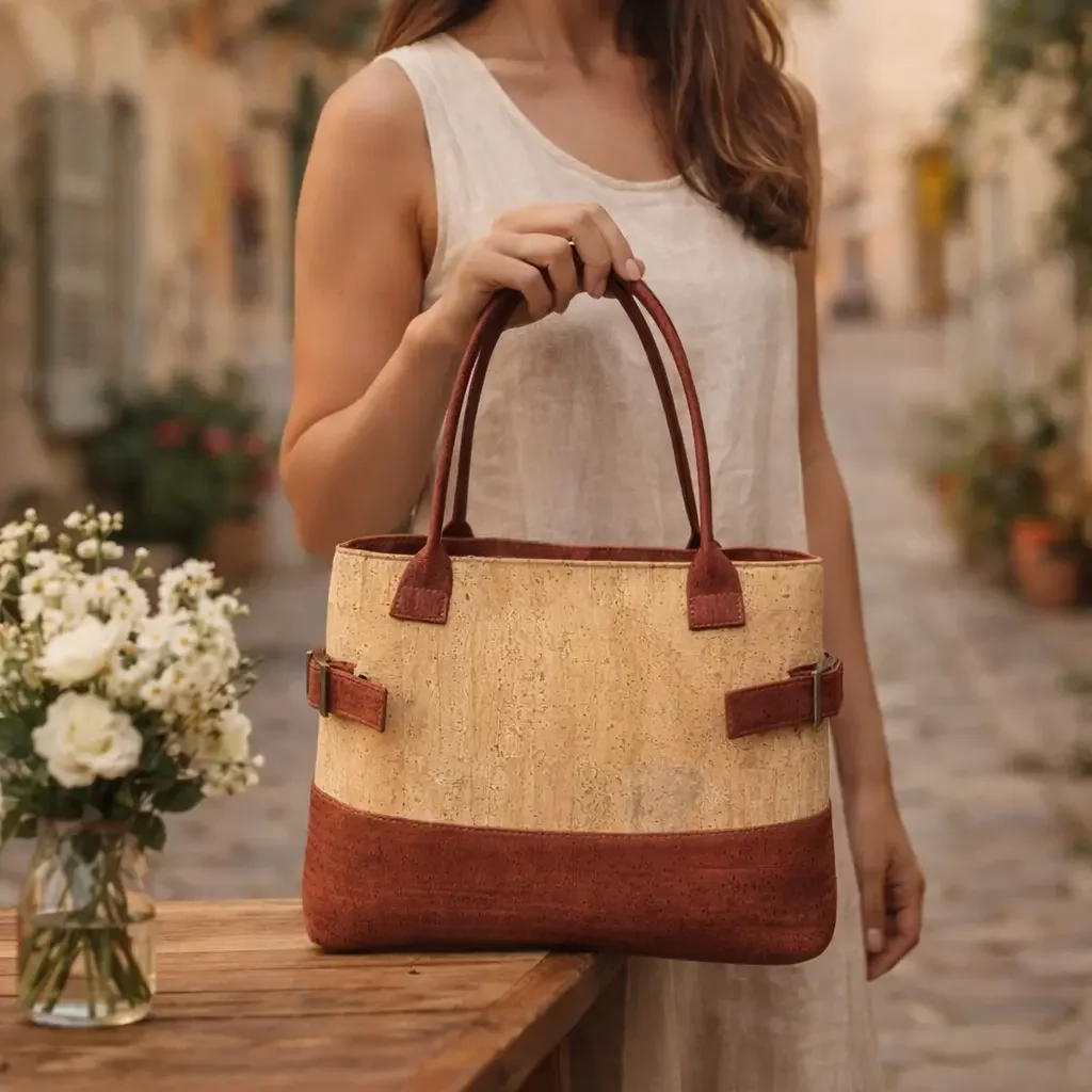 handtas rood met naturel kurk gedragen.webp