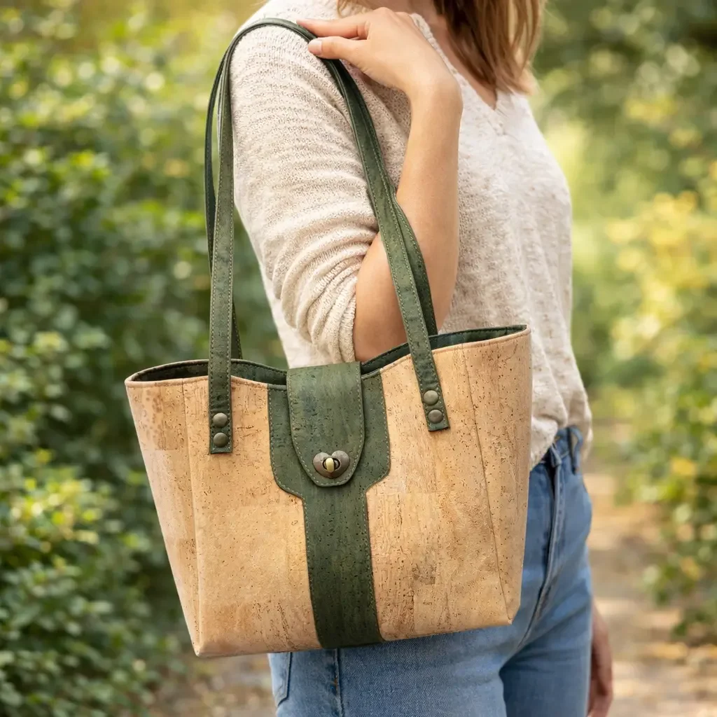 Schoudertas naturel met groene accenten gedragen.webp