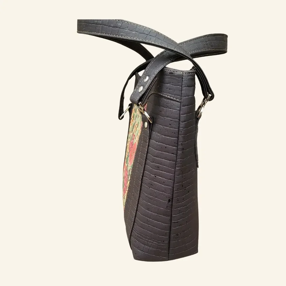 zwarte shopper met rode bloemen zijkant.webp