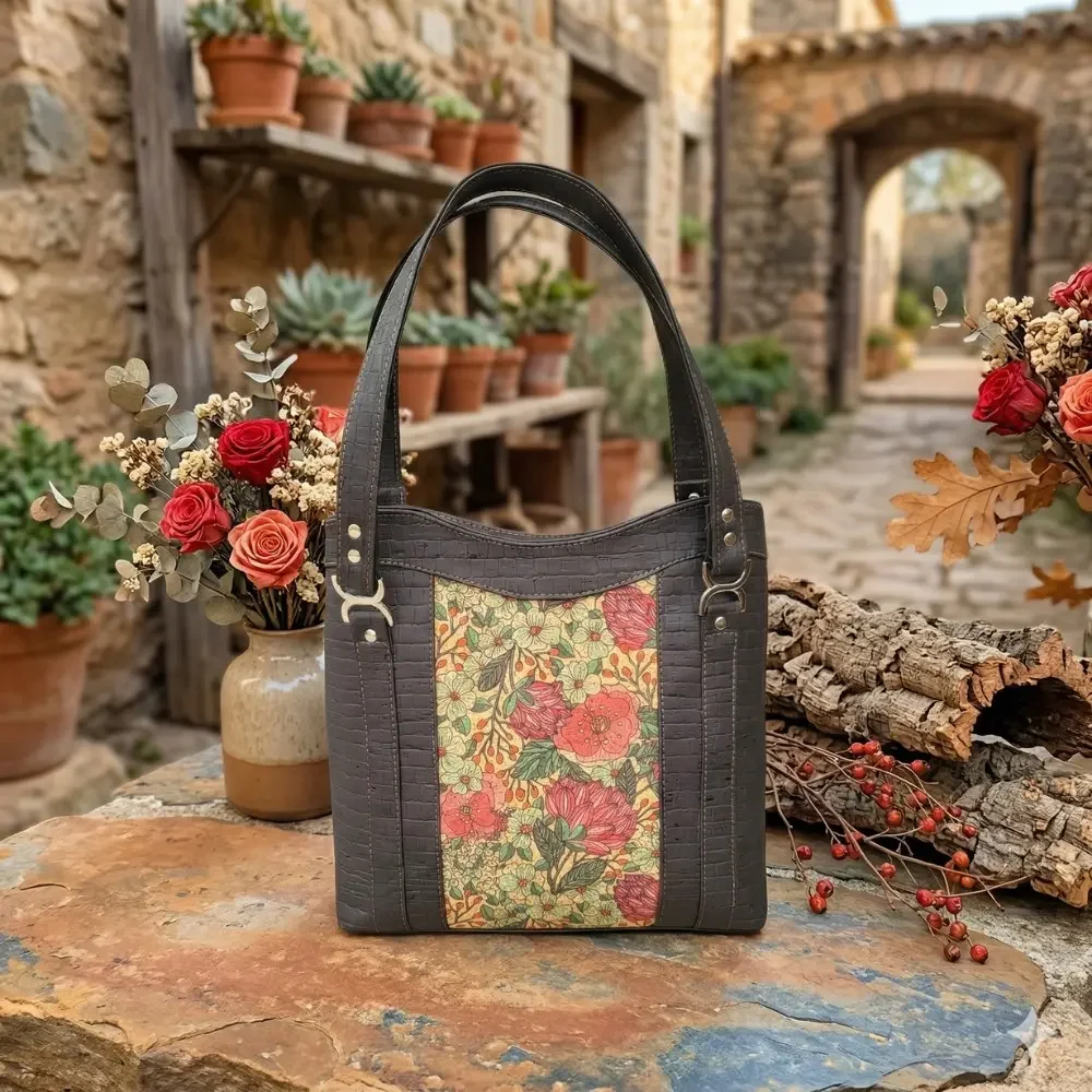 Shopper zwart kurk met rode bloemen