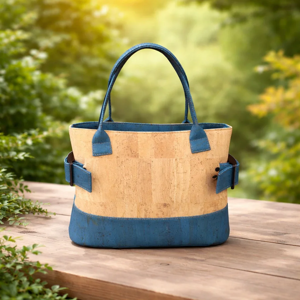 handtas naturel kurk met blauw