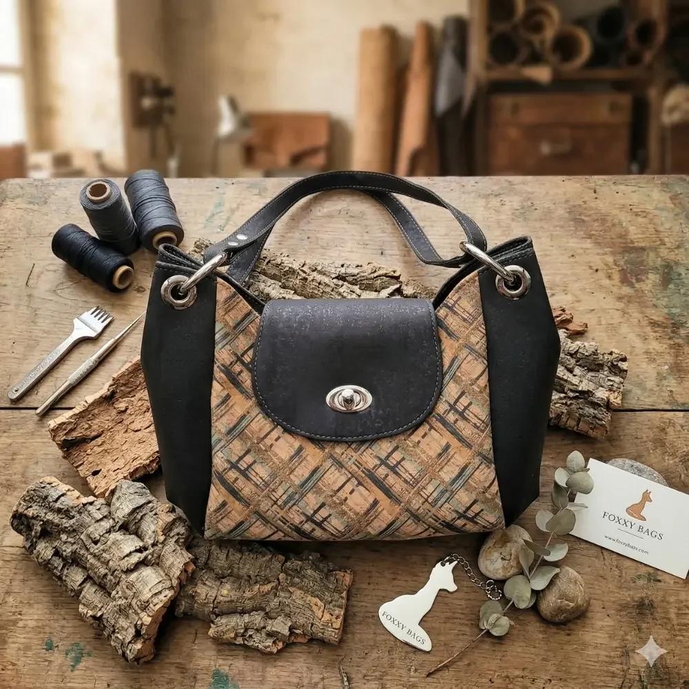 Schoudertas donkerblauw kurk met grote ringen