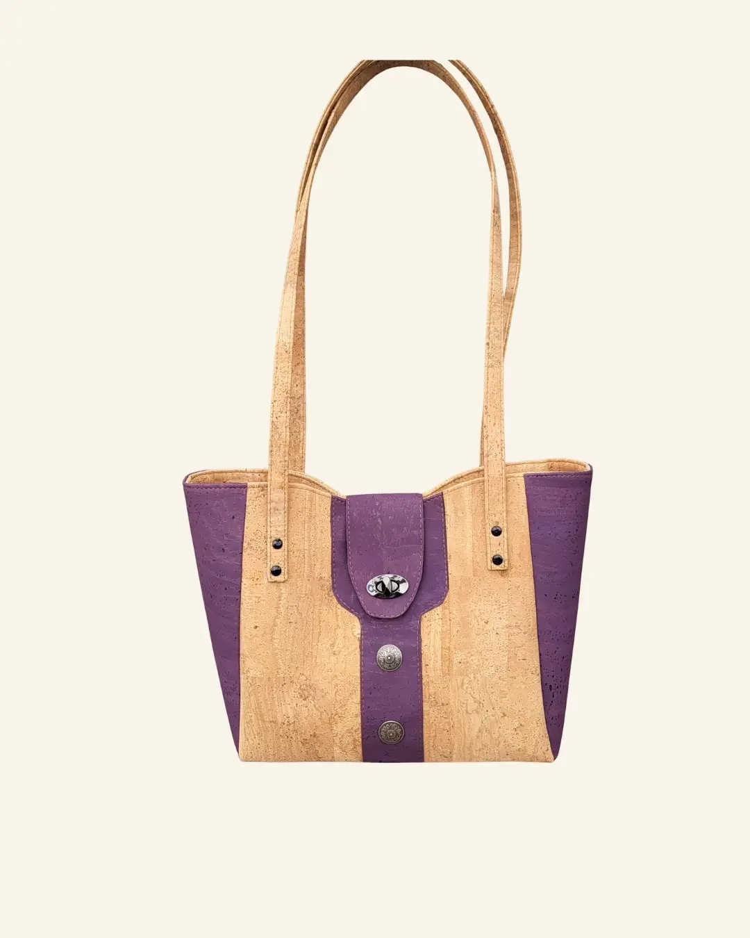 Handgemaakte kurk schoudertas naturel met paars overzicht.webp