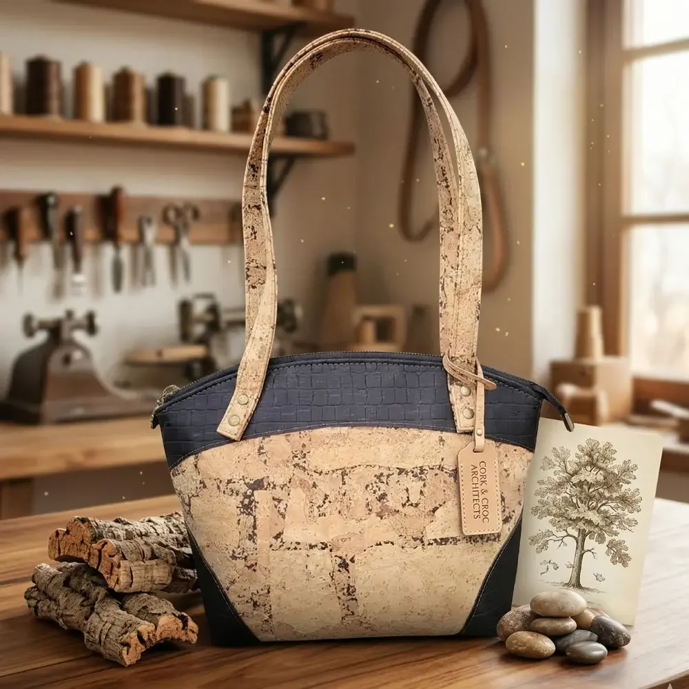 Kurk handtas naturel met zwart