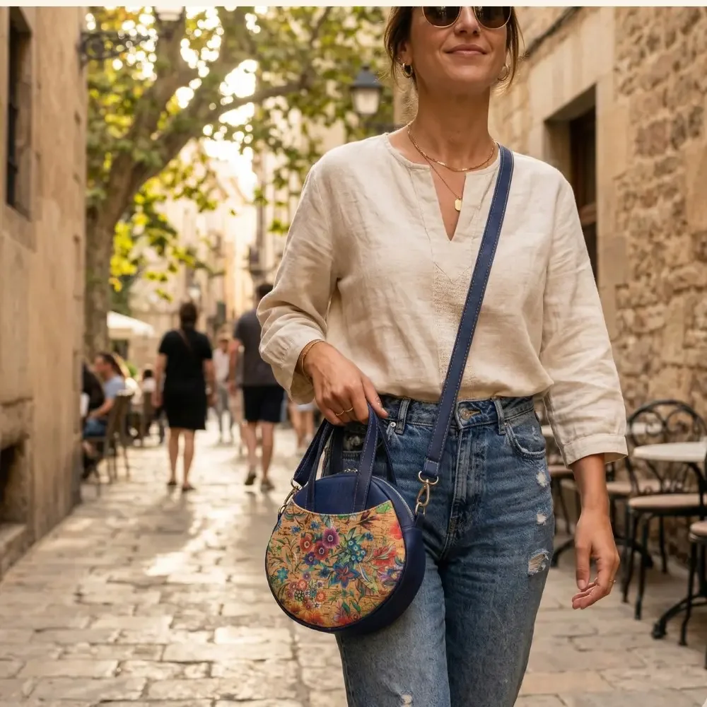 Ronde tas in blauw kurk