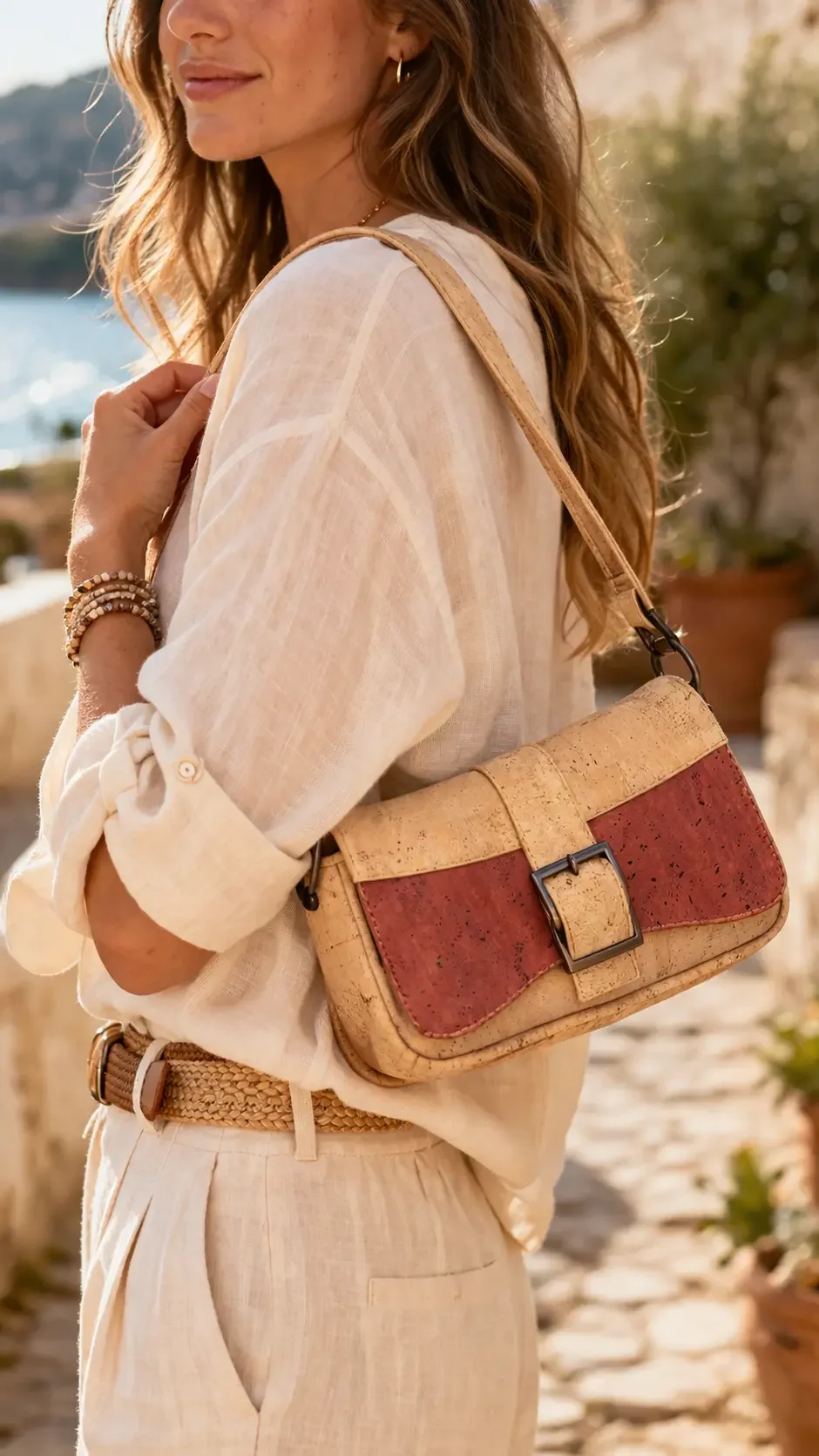 Crossbody tas naturel met rood kurk