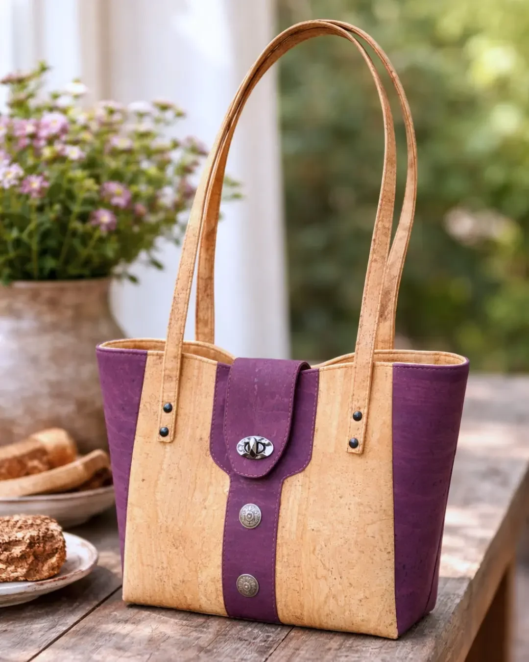 Handgemaakte kurk schoudertas naturel met paars voorkant.webp