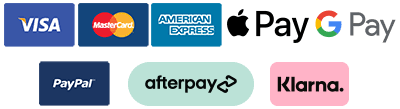 Collection of payment method logos including Visa, MasterCard, American Express, Apple Pay, Google Pay, PayPal, Afterpay, and Klarna.