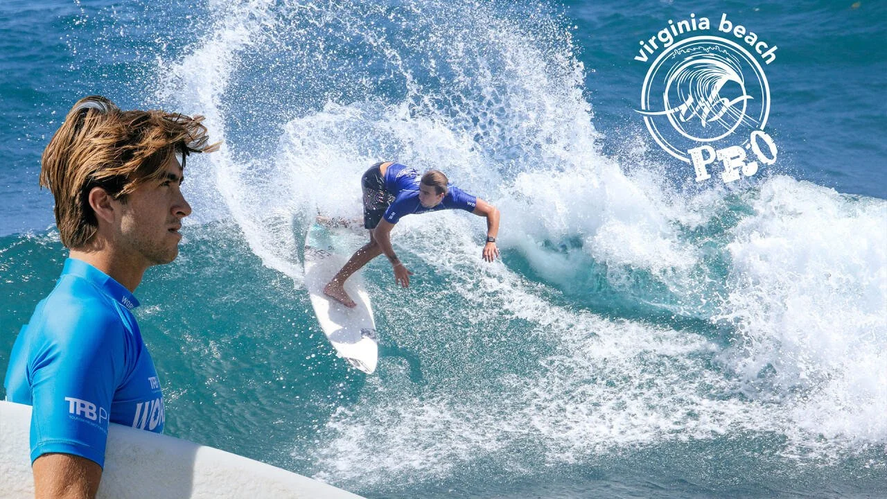 A surfer on a wave with a logo for Virginia Beach Pro in the top right corner.