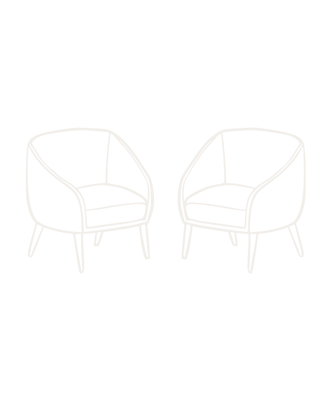 Line drawing of two modern armchairs with curved backs and cushioned seats, facing each other, on a black background.