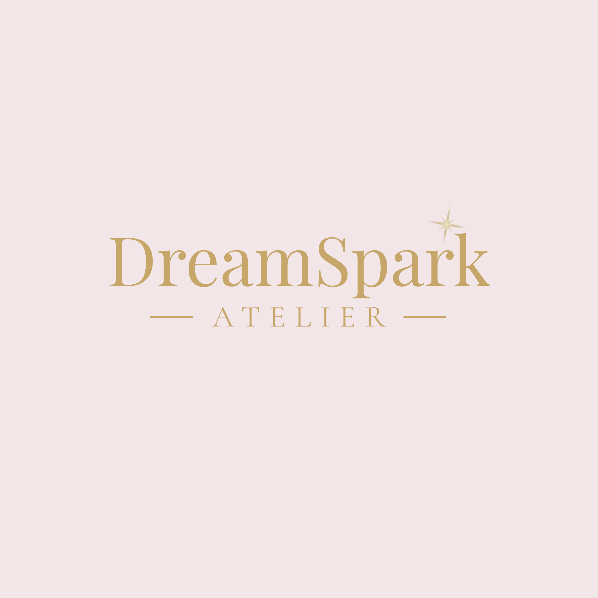 Logo with the text "DreamSpark Atelier" in gold lettering on a light pink background with a small star accent.