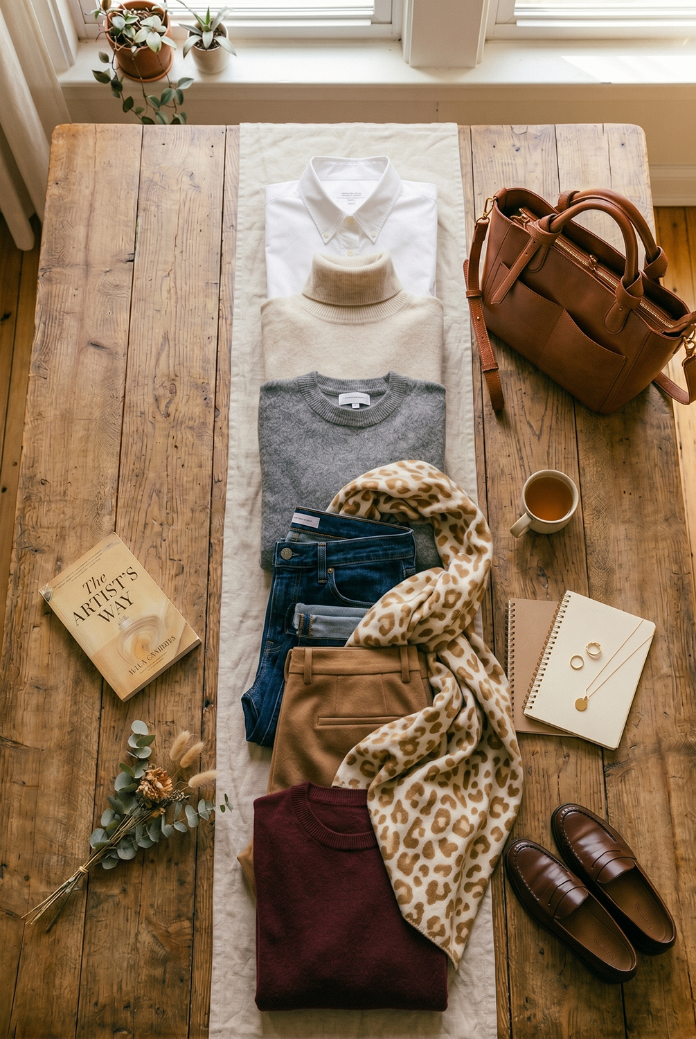 Flat-lay of capsule wardrobe clothing on a wooden table, featuring sweaters, blue jeans, a leopard print scarf, leather tote bag, and loafers.