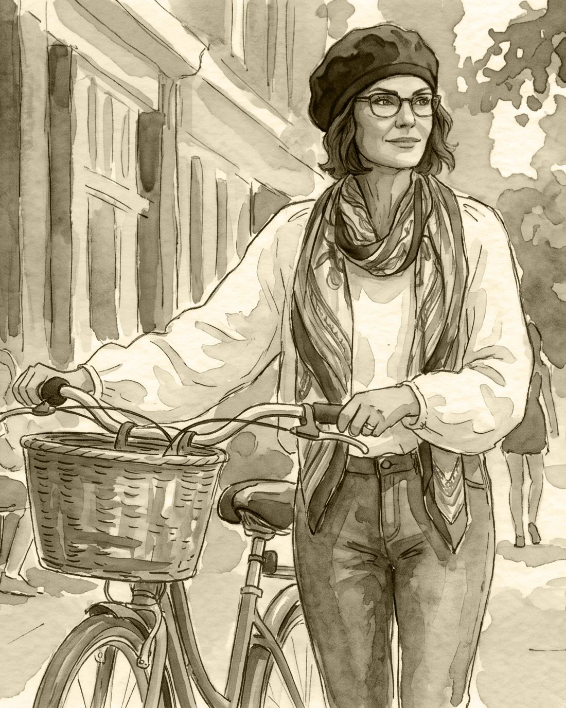 watercolor illustration of a woman in her 50s walking a teal bicycle with a wicker basket along a tree-lined urban street, wearing a beret, glasses, a loose white top, jeans, and a scarf. A café with outdoor seating is visible in the background.