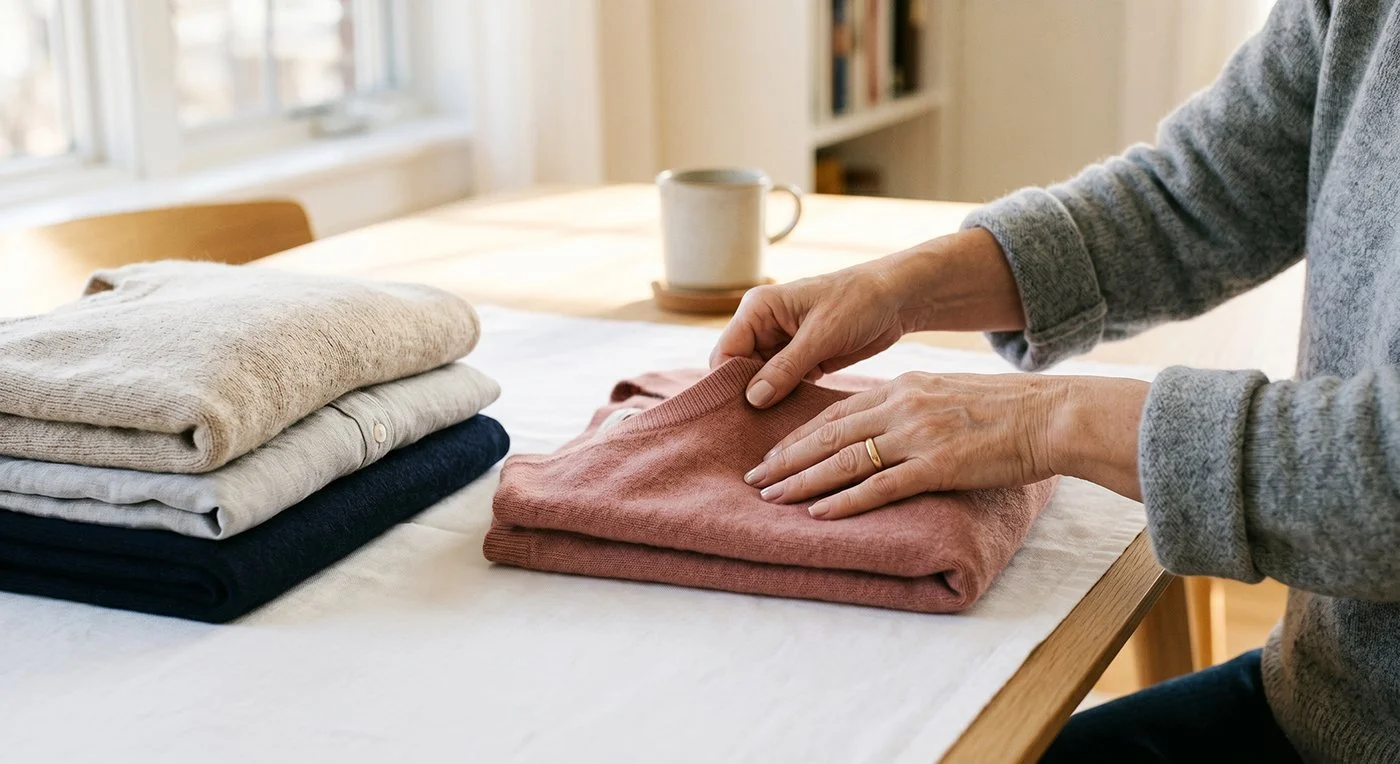 Woman's hands folding a dusty rose cashmere sweater beside neatly stacked neutral garments, preparing quality clothing for donation.