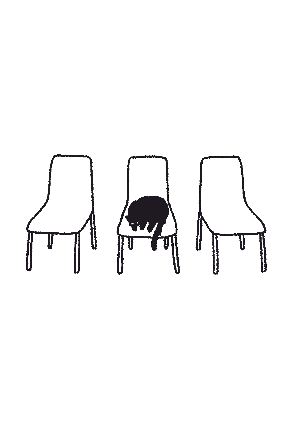 Three chairs depicted in a minimalist line drawing, with a black cat curled up and sleeping in the middle chair.